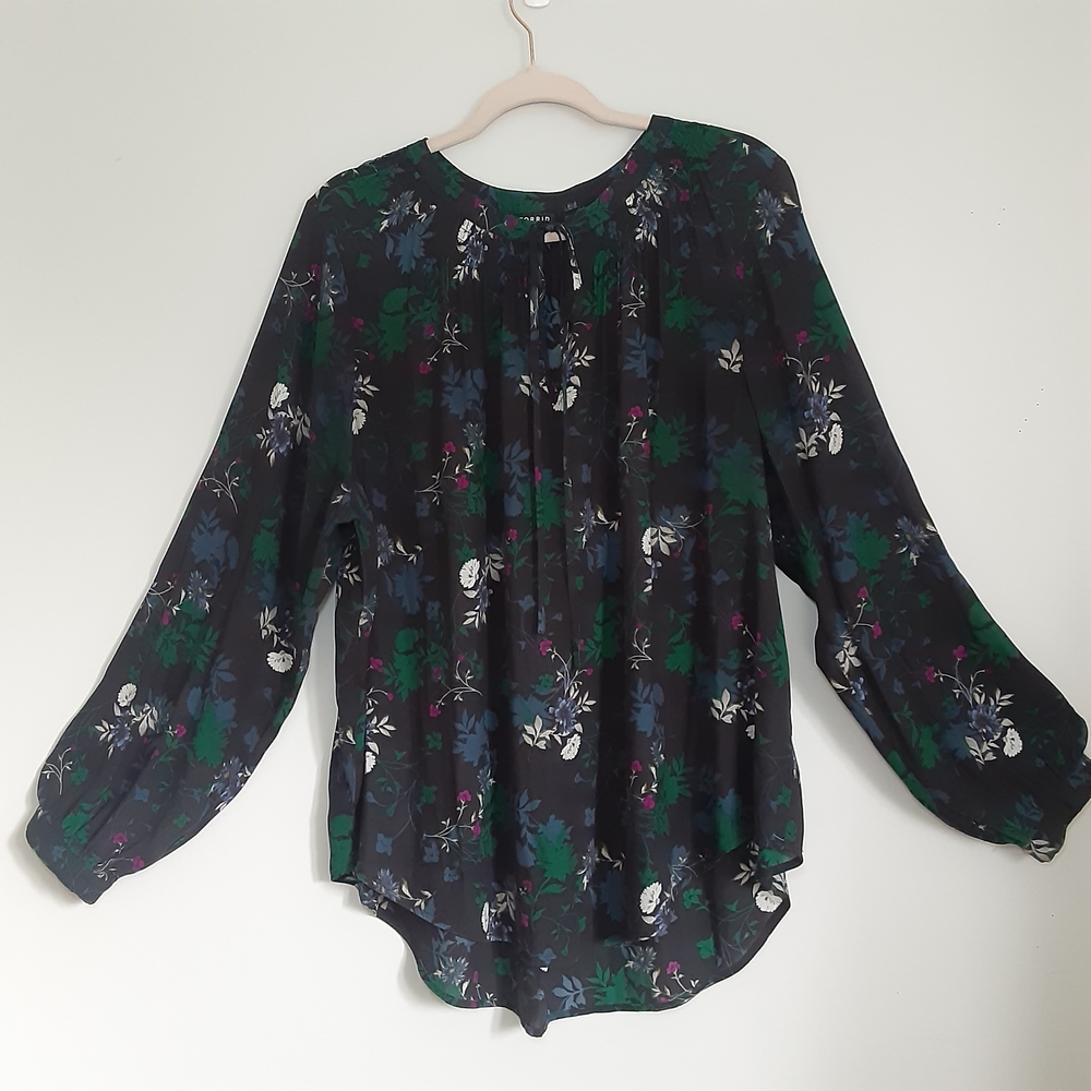 Torrid Black Blouse with Green and Blue Floral Pattern